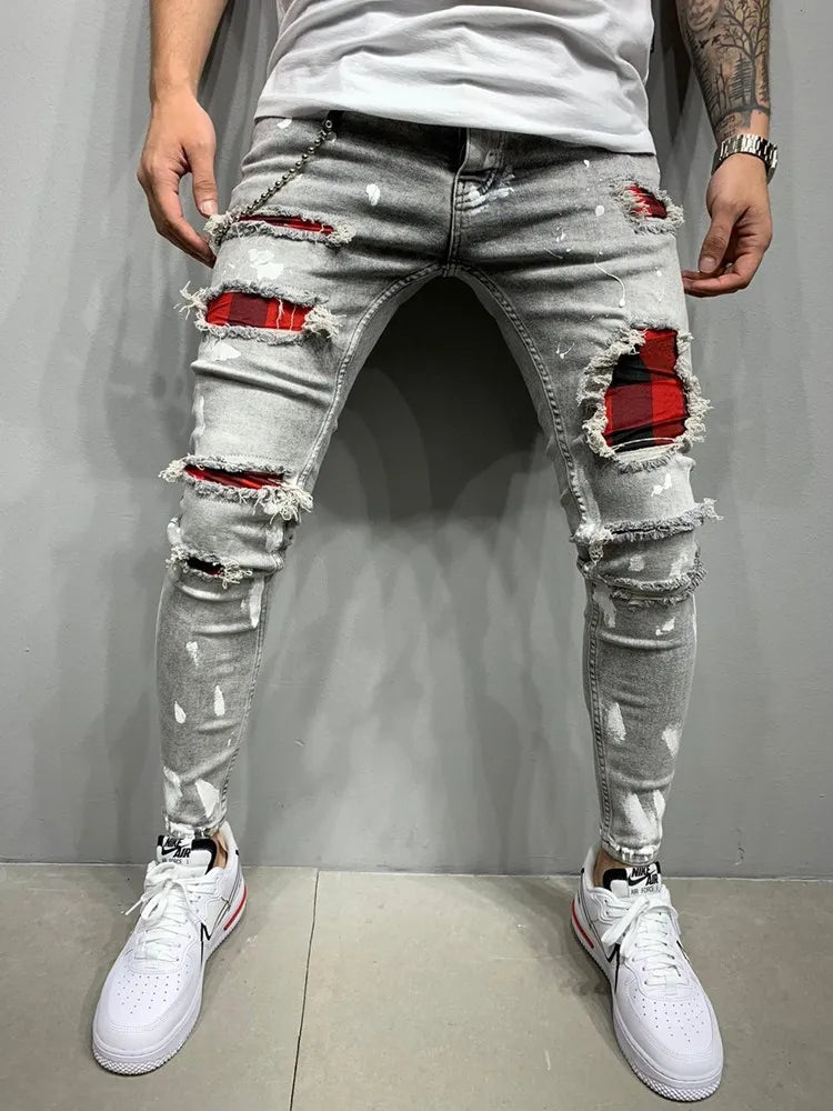 Men's Skinny Ripped Jeans Fashion Grid Beggar Patches Slim Fit Trousers