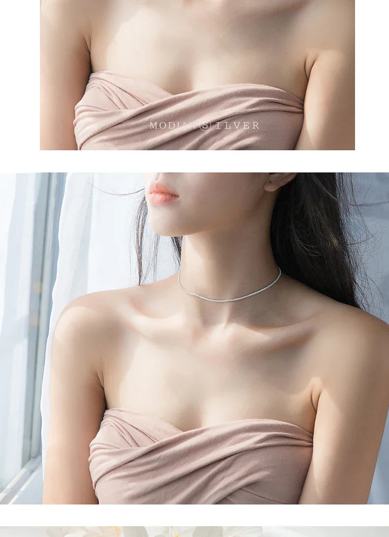 Genuien 925 Sterling Silver Dazzling Clear CZ Choker Necklace for Women Gift Adjustable Box Chain Original Fine Jewelry