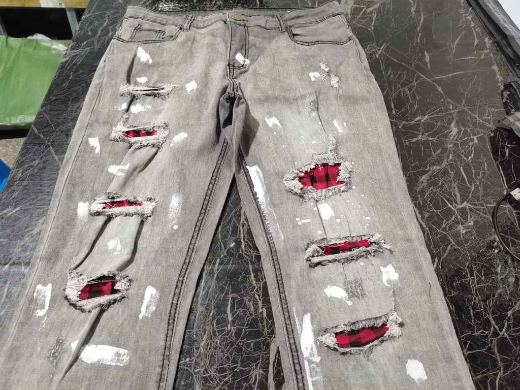 Men's Skinny Ripped Jeans Fashion Grid Beggar Patches Slim Fit Trousers