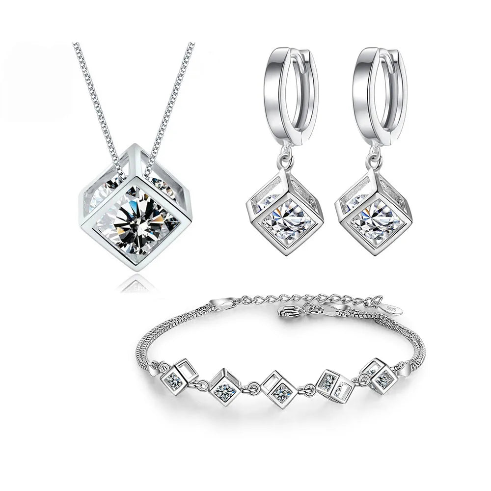 ANENJERY Silver Color Luxury Shiny Square Cube Necklace Earrings Bracelet For Women Gift Zircon Anniversary Gift