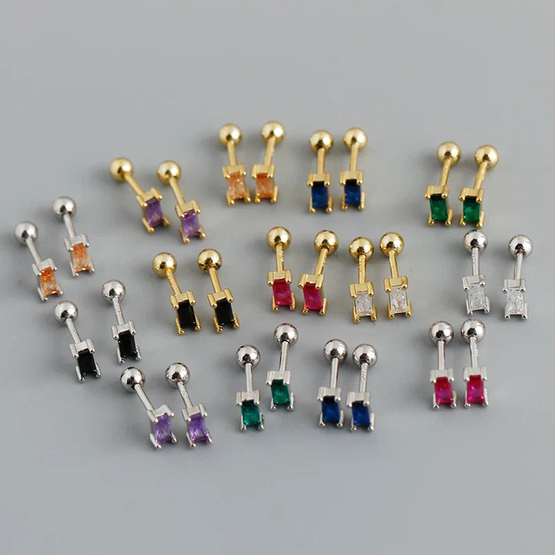 925 Sterling Silver Colorful Square Shiny Zircon Beads Piercing Stud Earrings for Women Fashion Gothic Exquisite Jewelry