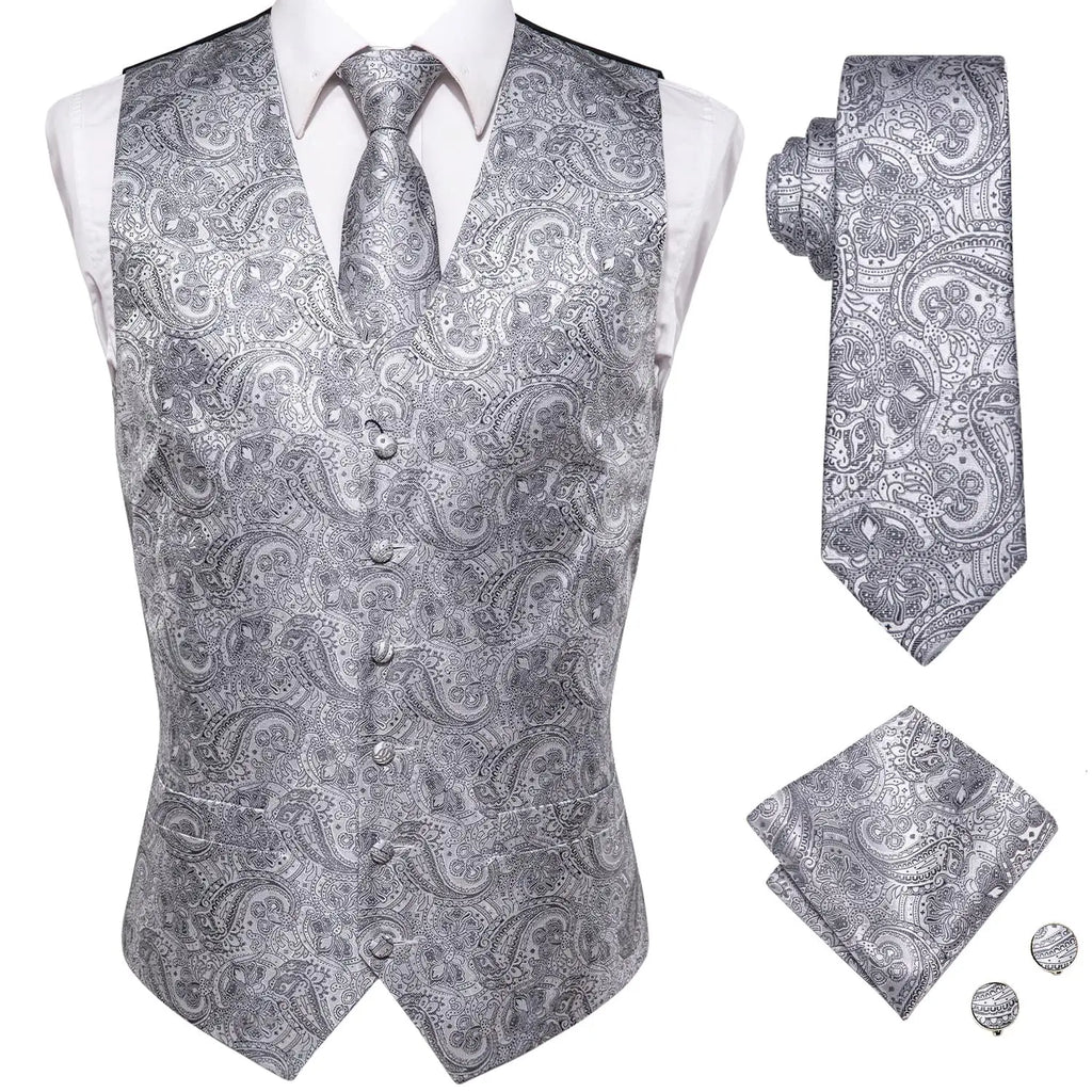 Luxury Mens Vests Black Gold Floral Jacquard Waistcoat Tie Hanky Cufflinks Brooch Set for Men Suit Wedding Office XL