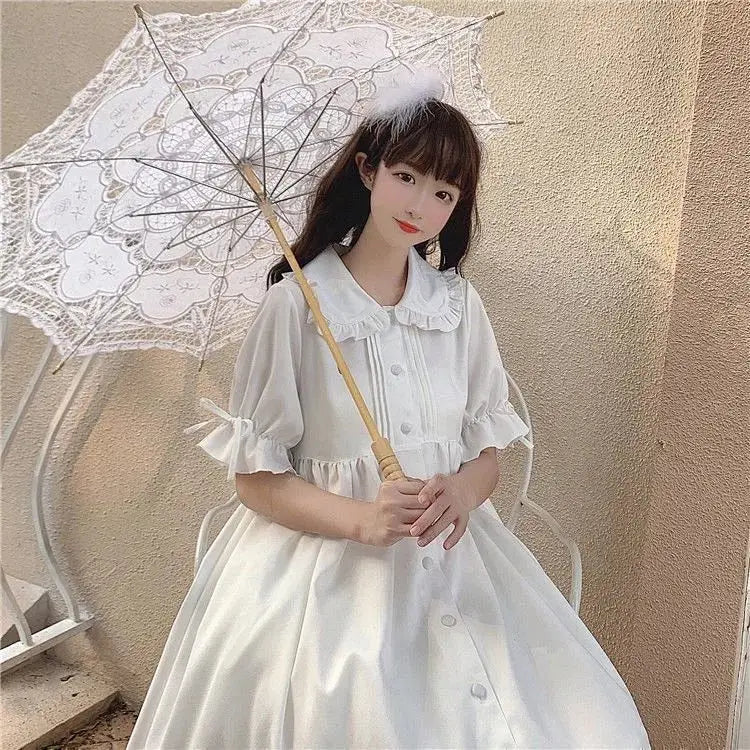Japanese Sweet Girl Lolita Dress White 2021 Summer Kawaii Peter Pan Collar Cute Ruffle Puff Sleeve Drees Elegant Lady Dresses