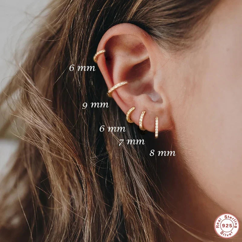 6/7/8/9 MM Cartilage Circle Earrings 925 Sterling Silver Bling CZ Huggie Hoop Earring for Women Piercing Buckle Wedding Jewelry