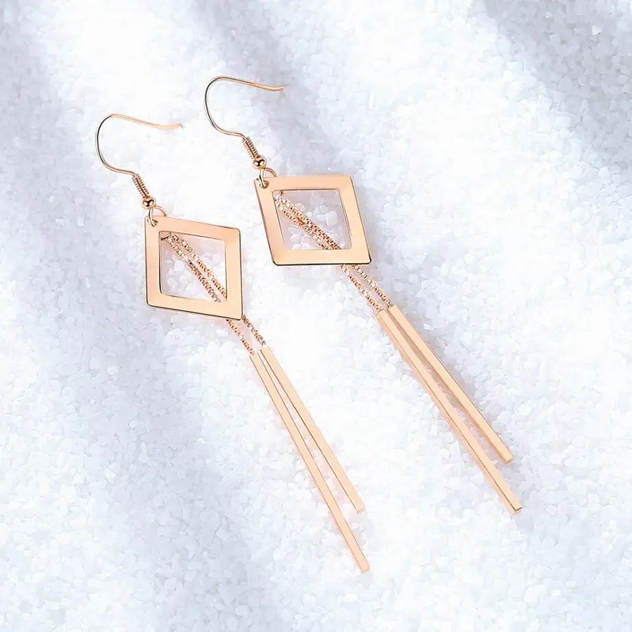 New Trendy Rose Gold 925 Silver Earrings For Women Geometric Hollow Square Long Tassel Earring Female Holiday Jewelry