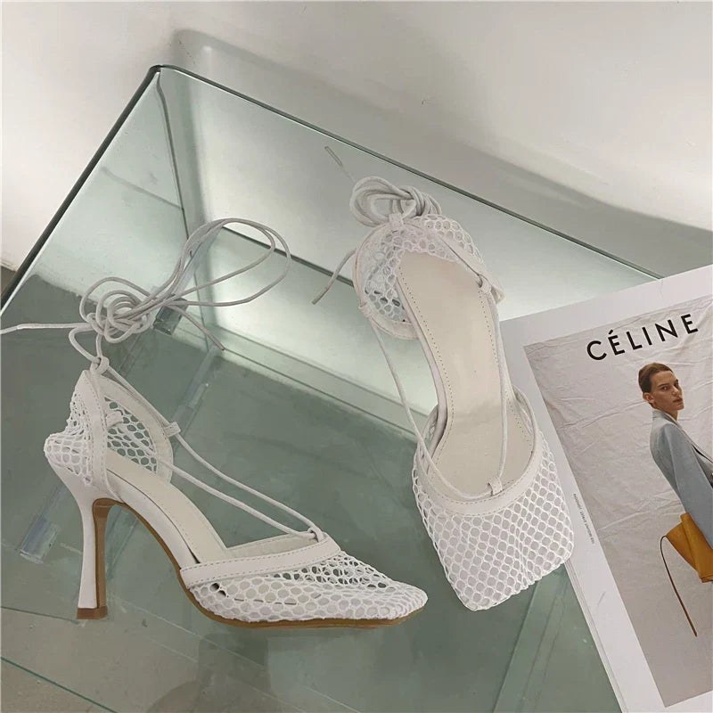 2026 Stiletto Heels Mesh Fashion Sandals Square Toe Cross-Tied Shallow Concise Party Rome Solid Summer Shoes for Women