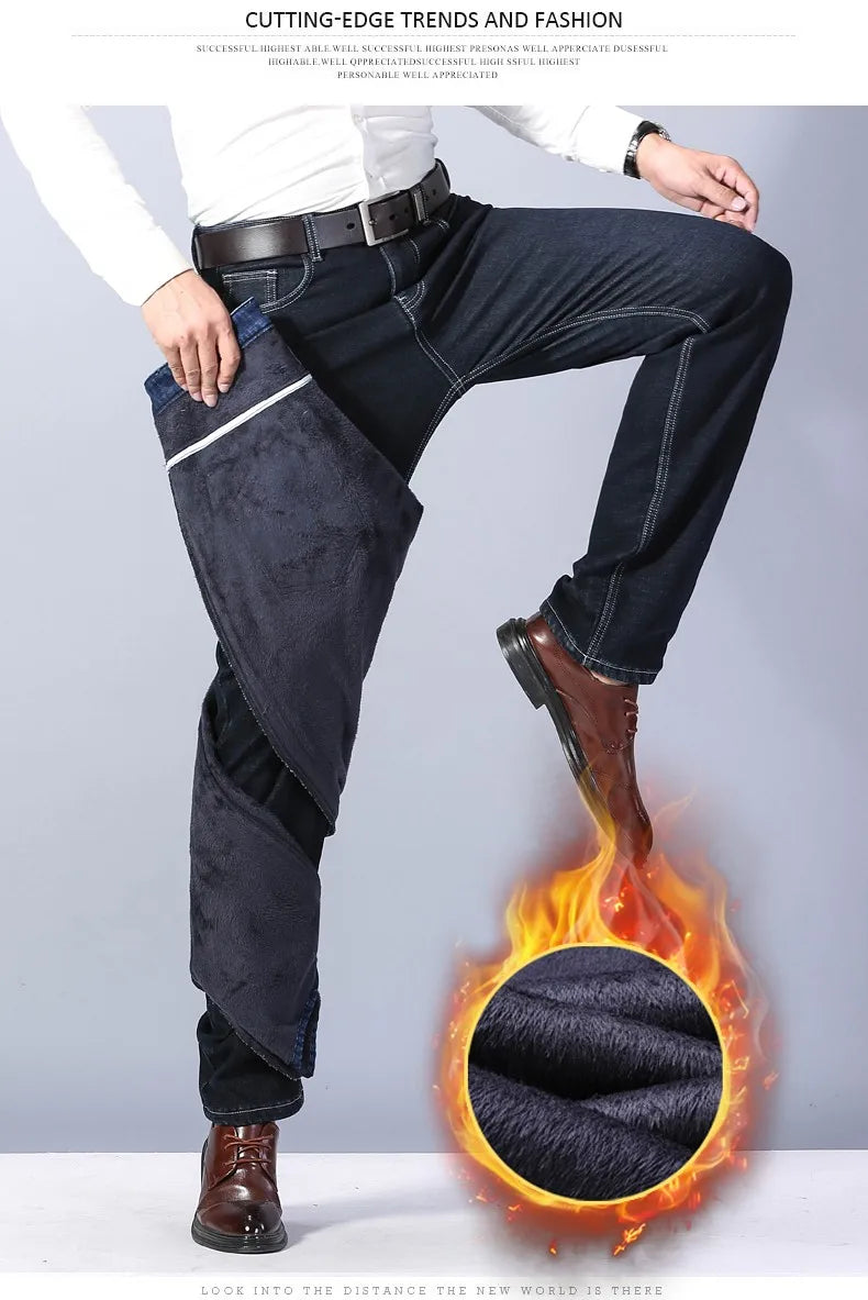 Winter New Men's Warm Blue Black Slim Jeans Classic Style Stretch Slim Fit Thick Pants Fashion Trousers Male Brand