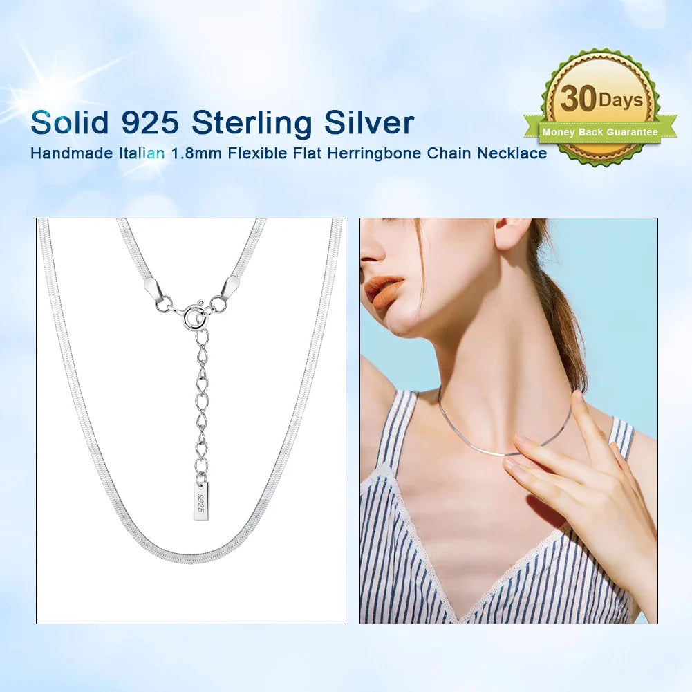 925 Sterling Silver 3mm Gold Flexible Flat Chain Herringbone Snake Chain Necklace for Women Neck Chain Jewelry SC35