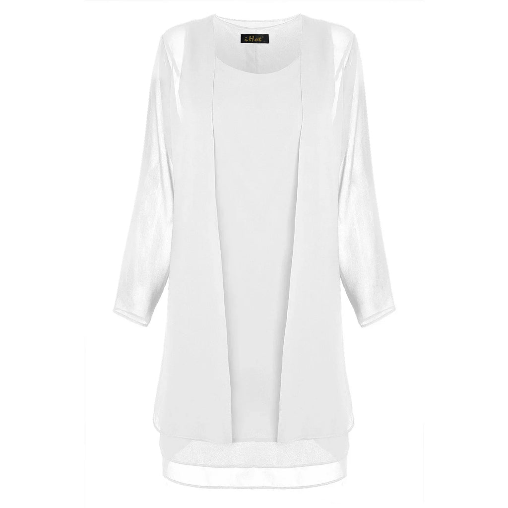 2 Pieces Chiffon Dress Set Women Casual Long Sleeve Solid Cardigan Dress Elegant Wedding Evening Party Dresses Clothing Vestidos