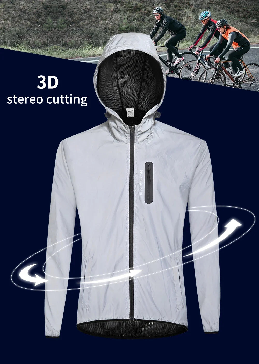 Full Reflective Jacket with Hoodie High Visibility Waterproof Wind Breaker Men Women Hiking Cycling Running Safety Vest