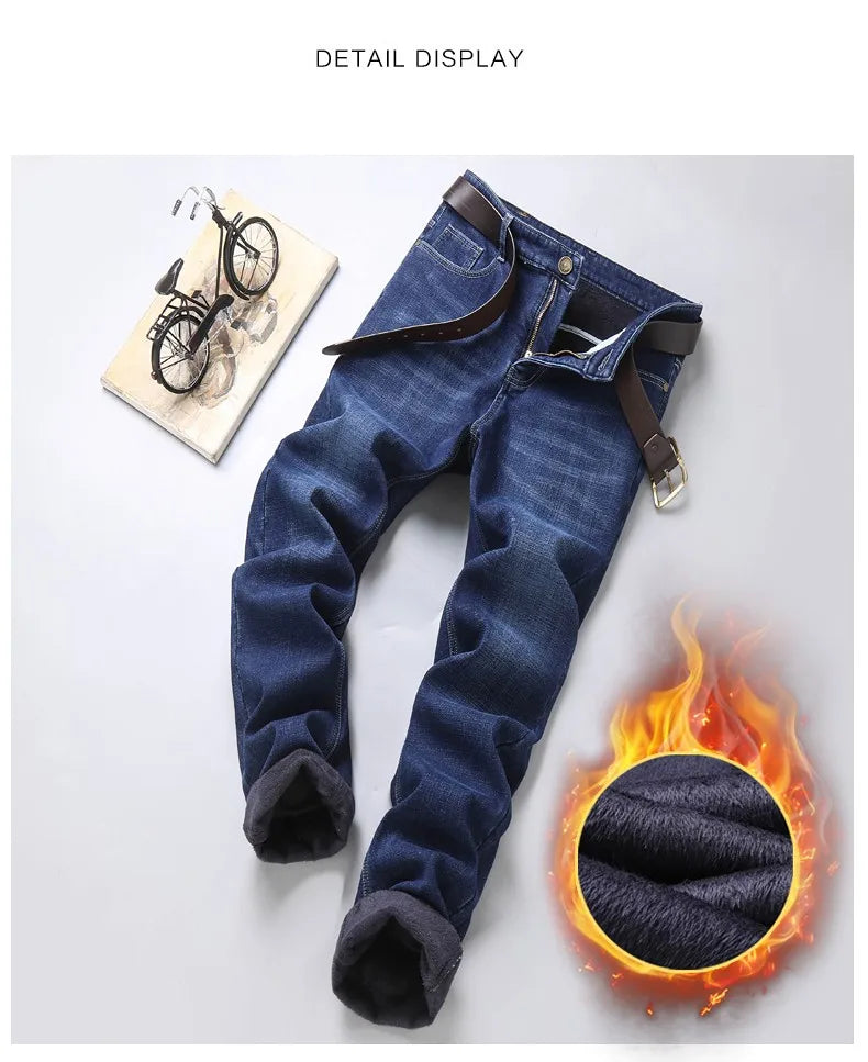 Winter New Men's Warm Blue Black Slim Jeans Classic Style Stretch Slim Fit Thick Pants Fashion Trousers Male Brand