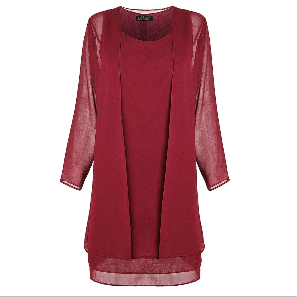 2 Pieces Chiffon Dress Set Women Casual Long Sleeve Solid Cardigan Dress Elegant Wedding Evening Party Dresses Clothing Vestidos