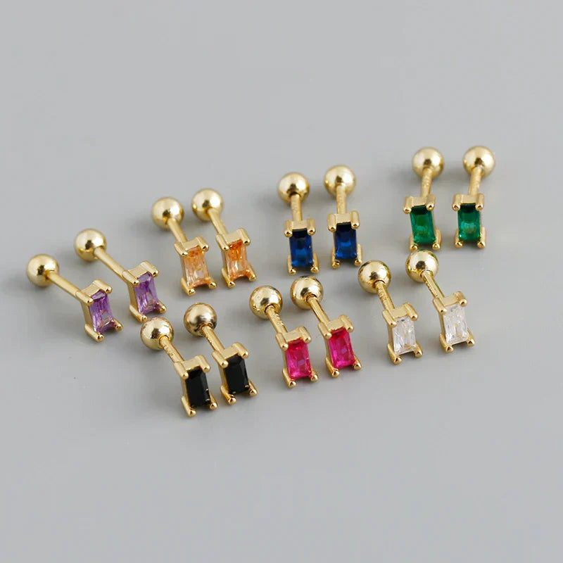 925 Sterling Silver Colorful Square Shiny Zircon Beads Piercing Stud Earrings for Women Fashion Gothic Exquisite Jewelry