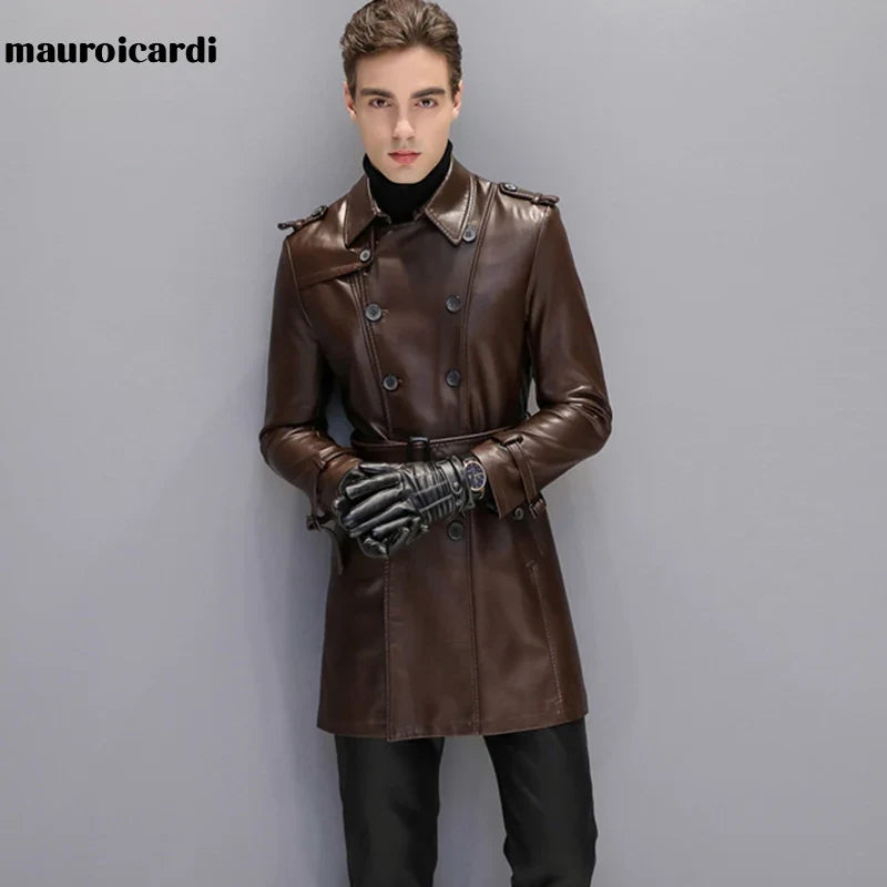 Autumn Black Faux Leather Trench Coat Men Long Sleeve Belt Double Breasted Brown Plus Size Men Clothing 2022 4xl 5xl