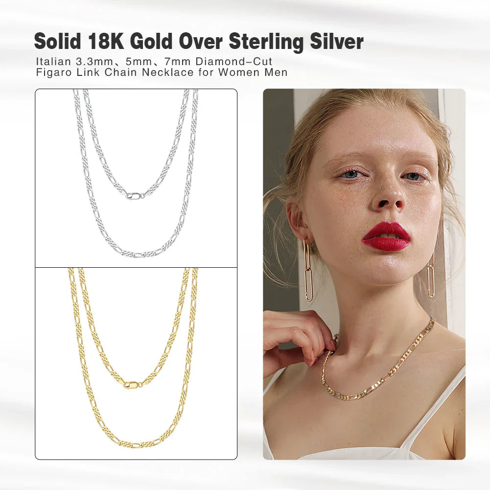 Trendy Men Woman Figaro Chain Necklace 3.3/5/7mm Diamond-Cut Figaro Chain 925 Silver Jewelry Party Gift OSC34
