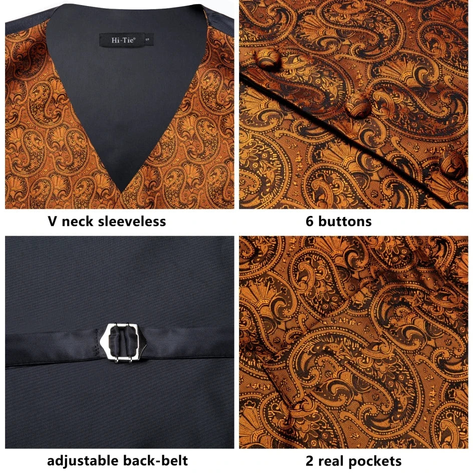 Luxury Mens Vests Black Gold Floral Jacquard Waistcoat Tie Hanky Cufflinks Brooch Set for Men Suit Wedding Office XL