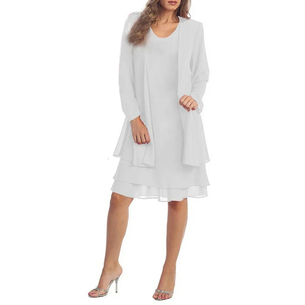 2 Pieces Chiffon Dress Set Women Casual Long Sleeve Solid Cardigan Dress Elegant Wedding Evening Party Dresses Clothing Vestidos