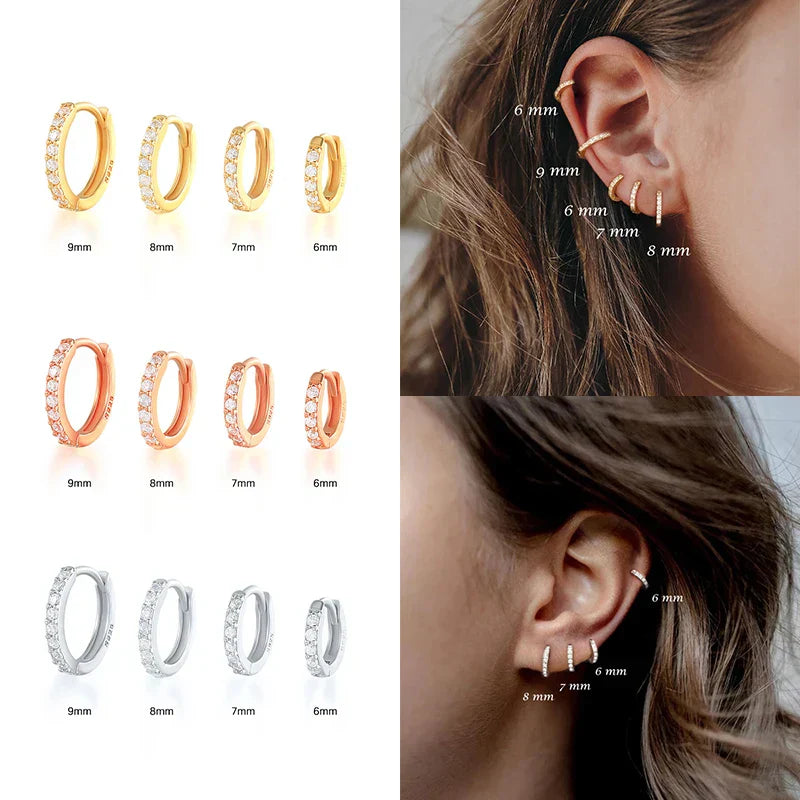 6/7/8/9 MM Cartilage Circle Earrings 925 Sterling Silver Bling CZ Huggie Hoop Earring for Women Piercing Buckle Wedding Jewelry