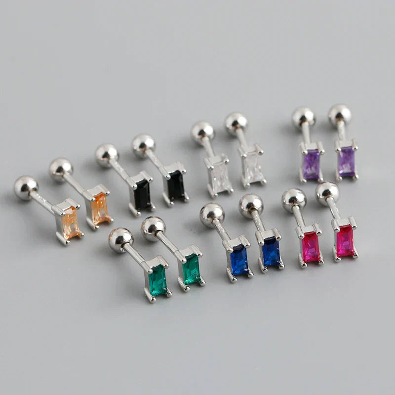 925 Sterling Silver Colorful Square Shiny Zircon Beads Piercing Stud Earrings for Women Fashion Gothic Exquisite Jewelry