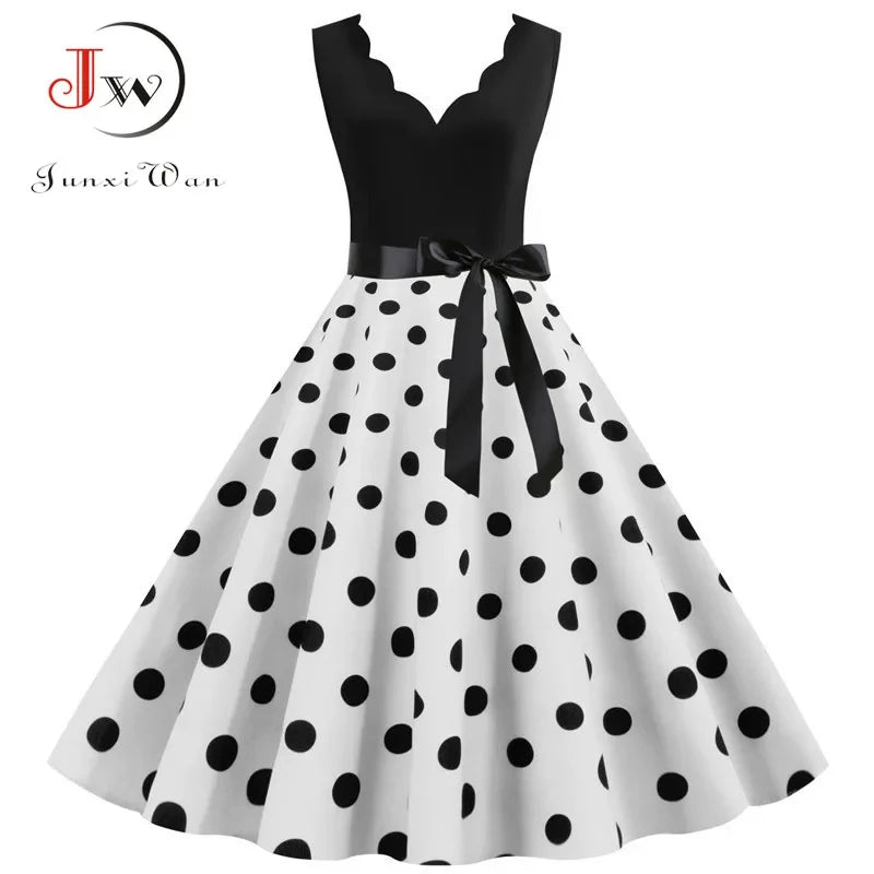 Women Retro Summer Dresses 50s 60s Sleeveless V-neck Polka Dot Bow Ball Grown Party Sundress Robe Vestidos