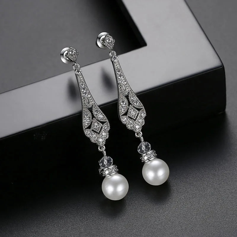 Pave Setting Fashion CZ Crystal Pearl Women Girls Earring AAA Grade Cubic Zircon Earring Bridal Wedding Dangle Earring