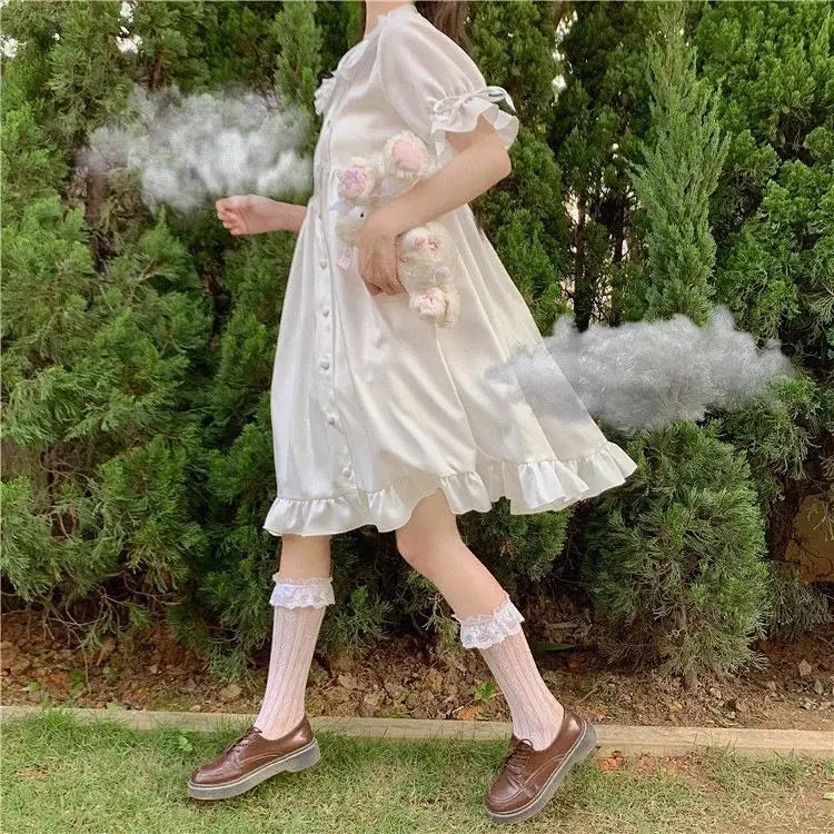Japanese Sweet Girl Lolita Dress White 2021 Summer Kawaii Peter Pan Collar Cute Ruffle Puff Sleeve Drees Elegant Lady Dresses