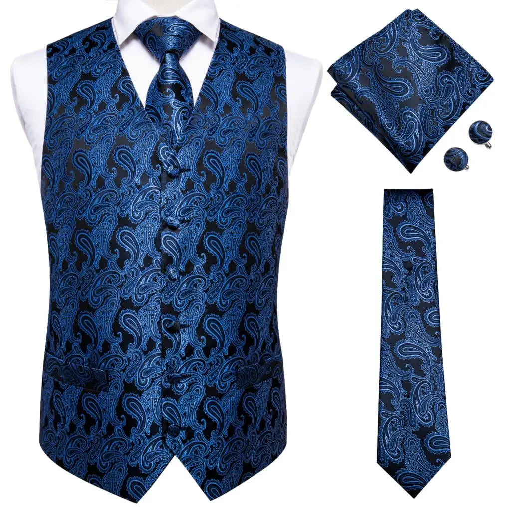 Fashion Silk Vest For Men Classic Gold Champane Yellow Waistcoat Jacket Tie Hankerchief Cufflinks Sets Dress Suit Wedding Hi-Tie