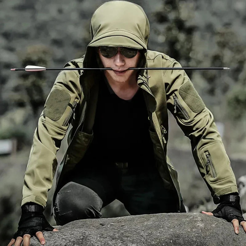 Men's Autumn Winter SoftShell Fleece Jackets Male Hood Windproof Coat Fishing Hiking Camping Climbing Skiing Warm Pants Trousers