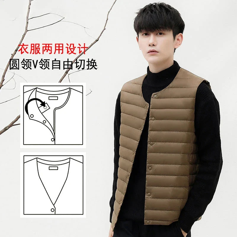 7XL Plus Size 90 White Down Vest Men Ultra Light Down Vest Portable V-neck Sleeveless Coat Man Winter Warm Liner