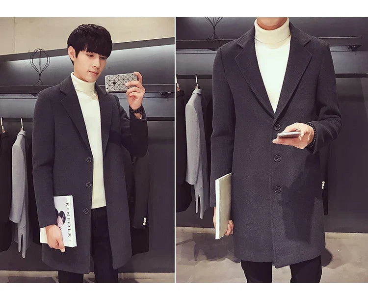 Men Long Cotton Coat 2025 Autumn Winter Wool Blend Pure Color Business Casual Slim Fit Windbreaker Jacket Fashion Men Clothing