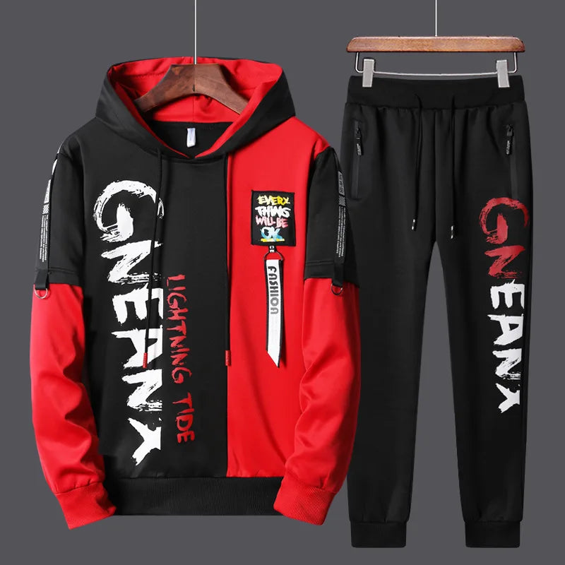 Men Tracksuit Sweat Suits Mens Patchwork 2 Piece Hoodie+Pants Set Hip Sweatpants Hop Fashion Streetwear Sports Clothing Set 4XL