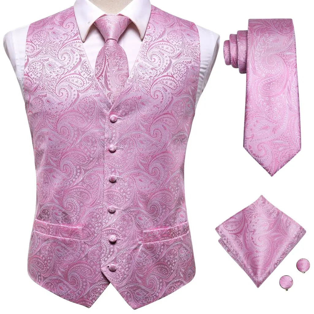 Fashion Silk Vest For Men Classic Gold Champane Yellow Waistcoat Jacket Tie Hankerchief Cufflinks Sets Dress Suit Wedding Hi-Tie
