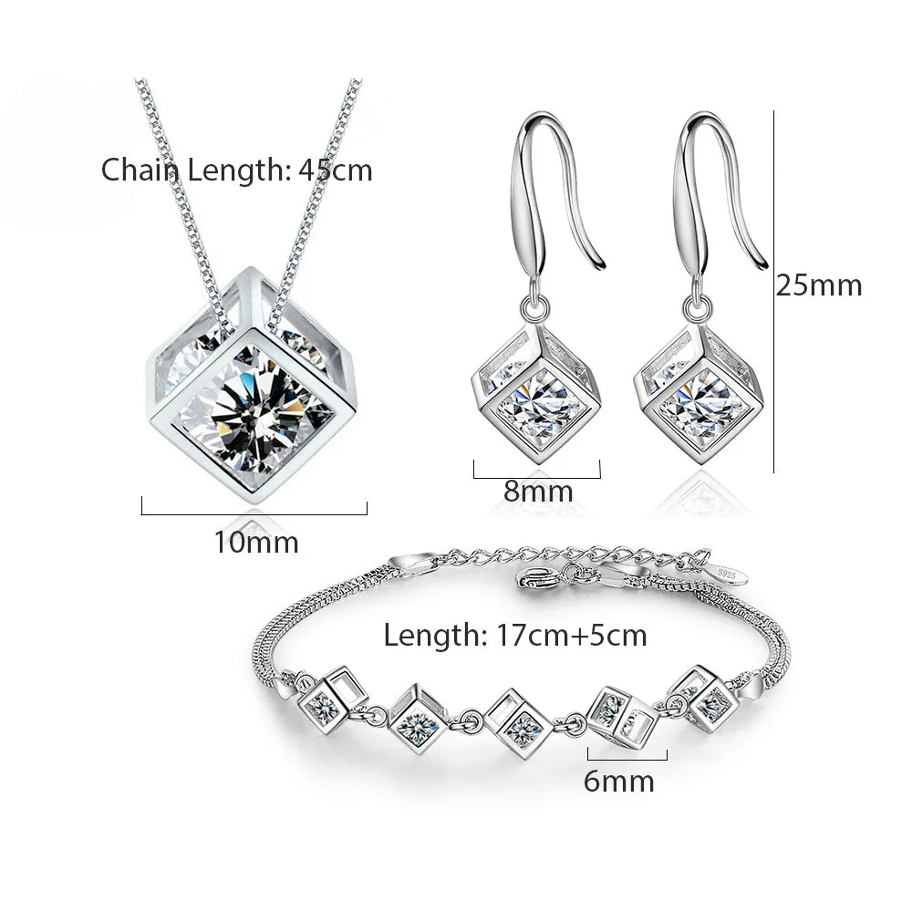 ANENJERY Silver Color Luxury Shiny Square Cube Necklace Earrings Bracelet For Women Gift Zircon Anniversary Gift