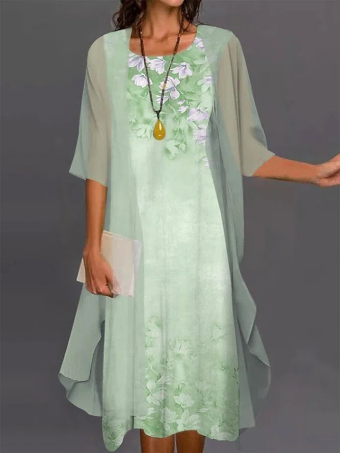 2024 Europe and the United States summer women's casual dress two-piece floral print round collar repair maxi