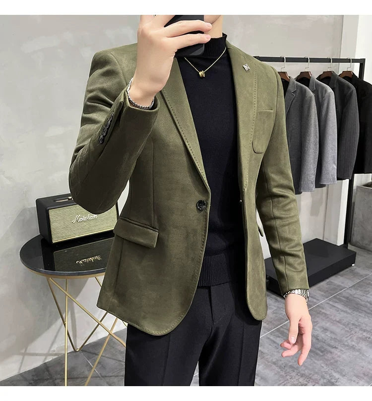 Men's Deerskin Fleece Jacket Suit Coat Blazer Men's Business Leisure Slim Fit Brand Fashion High Quality Single Button Suit Coat