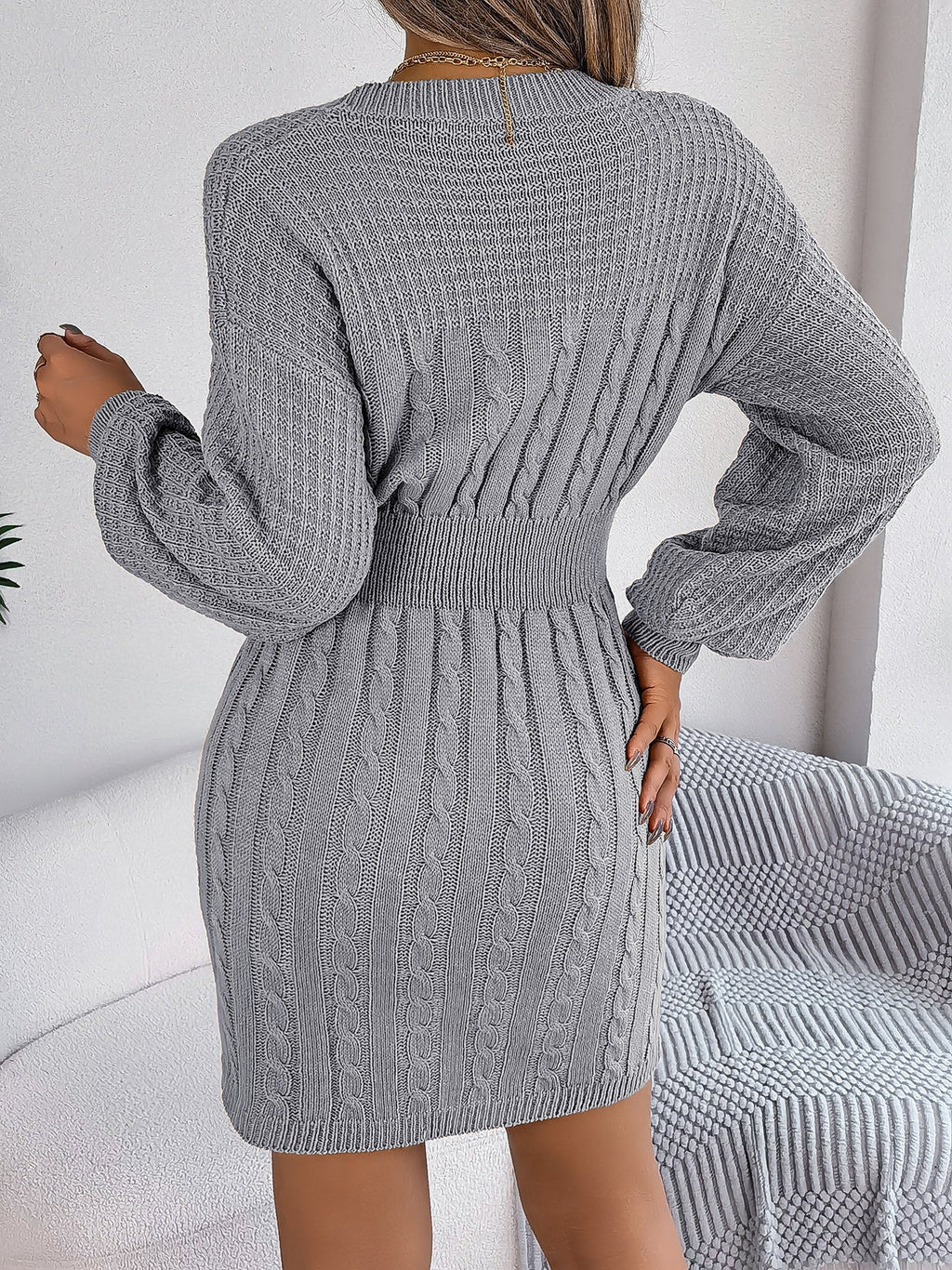 Autumn Winter Solid Color Woolen Dress O-Neck Lantern Sleeve Hollow Out Knitted Dresses for Women Fashion Casual Vestidos