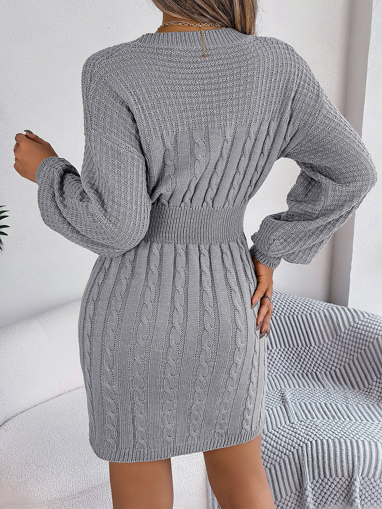 Autumn Winter Solid Color Woolen Dress O-Neck Lantern Sleeve Hollow Out Knitted Dresses for Women Fashion Casual Vestidos