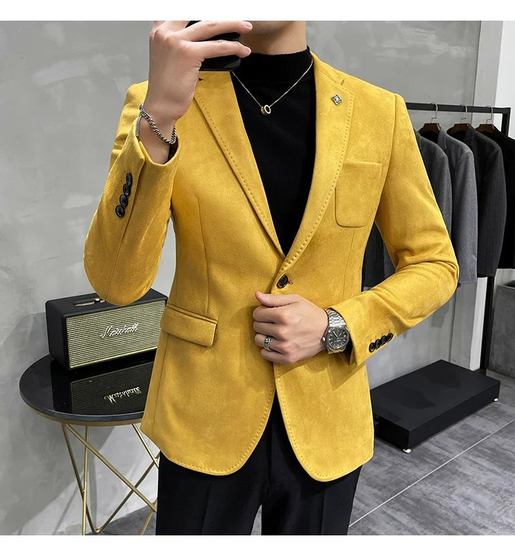 Men's Deerskin Fleece Jacket Suit Coat Blazer Men's Business Leisure Slim Fit Brand Fashion High Quality Single Button Suit Coat