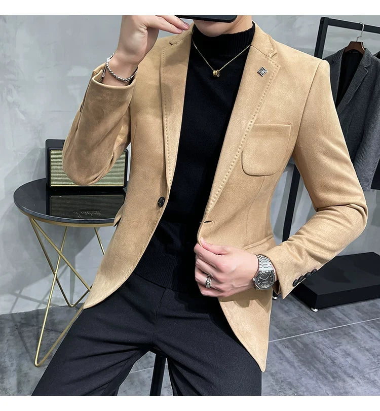 Men's Deerskin Fleece Jacket Suit Coat Blazer Men's Business Leisure Slim Fit Brand Fashion High Quality Single Button Suit Coat