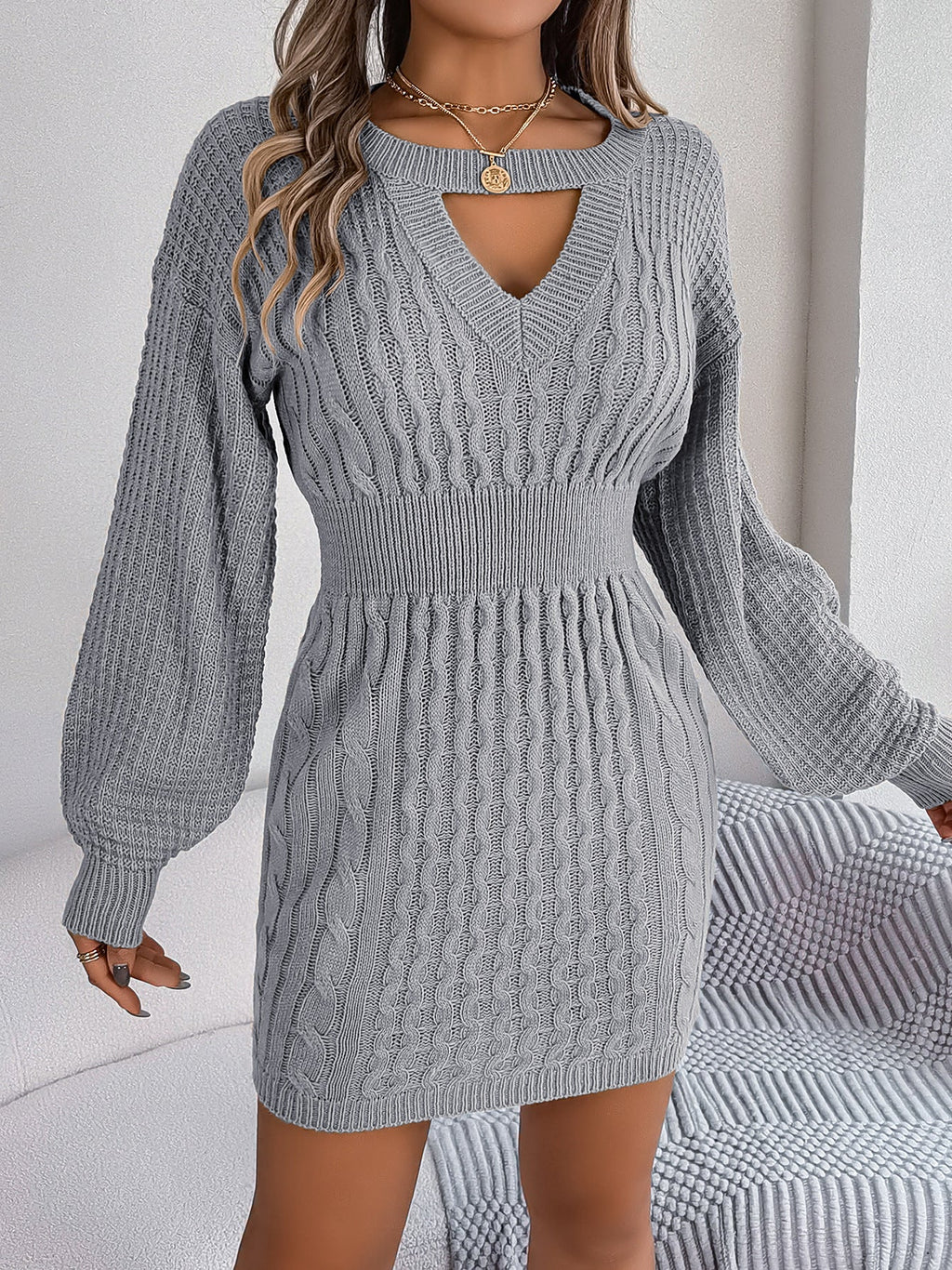 Autumn Winter Solid Color Woolen Dress O-Neck Lantern Sleeve Hollow Out Knitted Dresses for Women Fashion Casual Vestidos