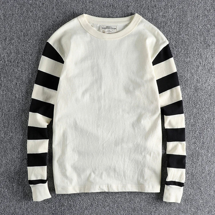 Autumn American Retro Long Sleeve Heavyweight Striped T-shirt Men's Fashion Pure Cotton Washed Prisoner Motorcycle Casual Tops