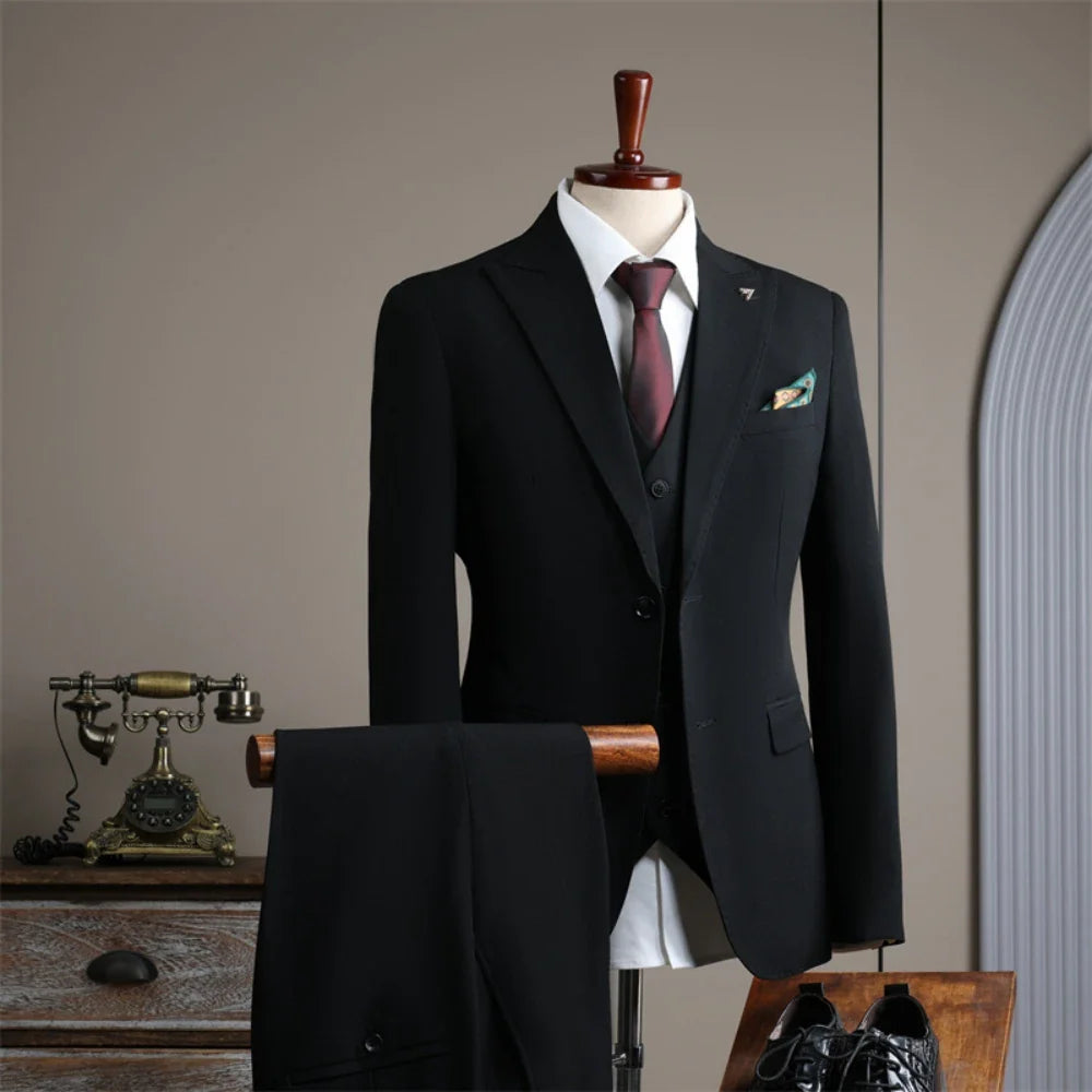New Men's Slim Fit Business Suit Set 3 Pieces,Classic Graceful Solid Suits For Interview Office,Stylish Peak Lapel Men Tuxedo