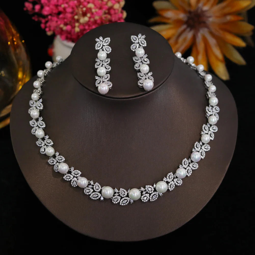 Elegant Shiny Cubic Zirconia Big Pearl Necklace Bridesmaid Gift Luxury Bridal Wedding Banquet Jewelry Set for Women Accessories