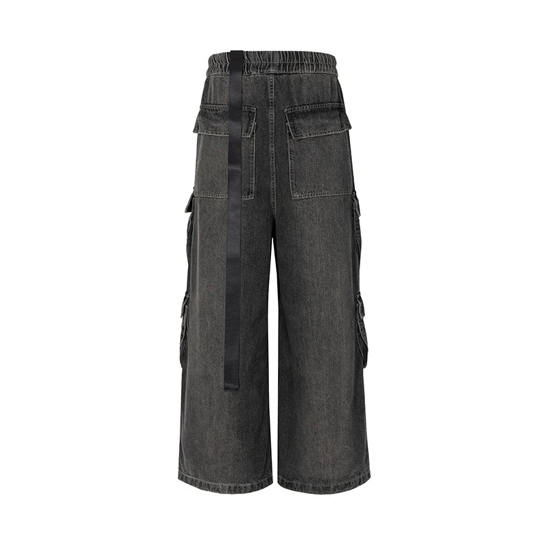 RO Style Ribbons Wide Leg Multi-Pockets Smoke Grey Baggy Jeans for Men