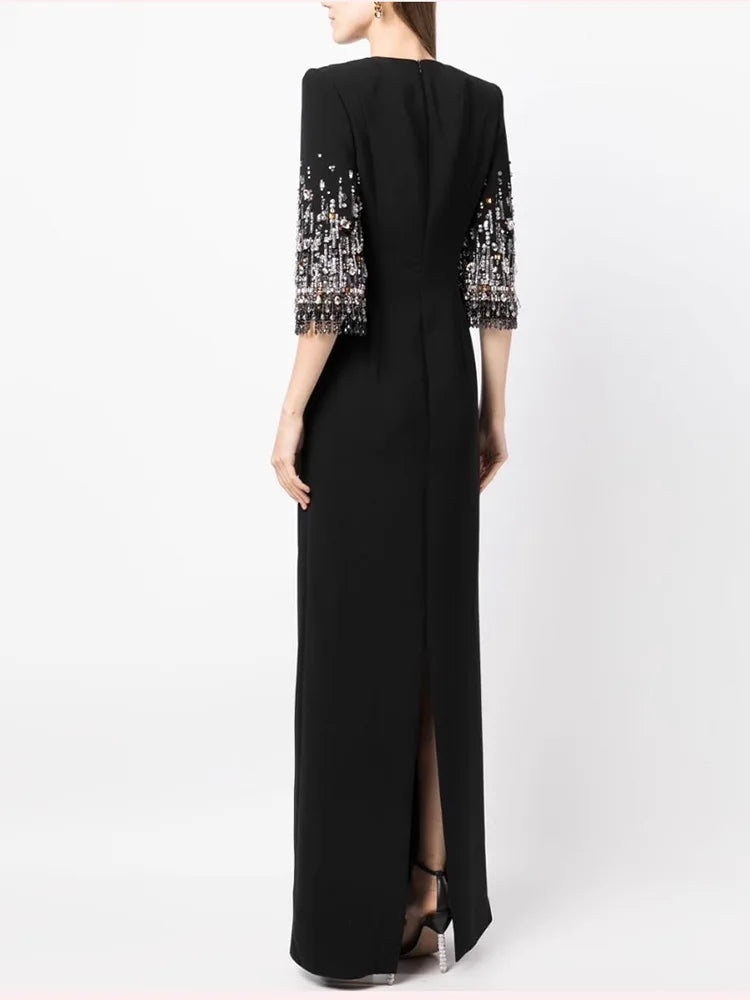 Newest Fashion 2026 S/S Designer Vestido Women's Half Sleeve Stunning Beaded  Long Maxi Dress