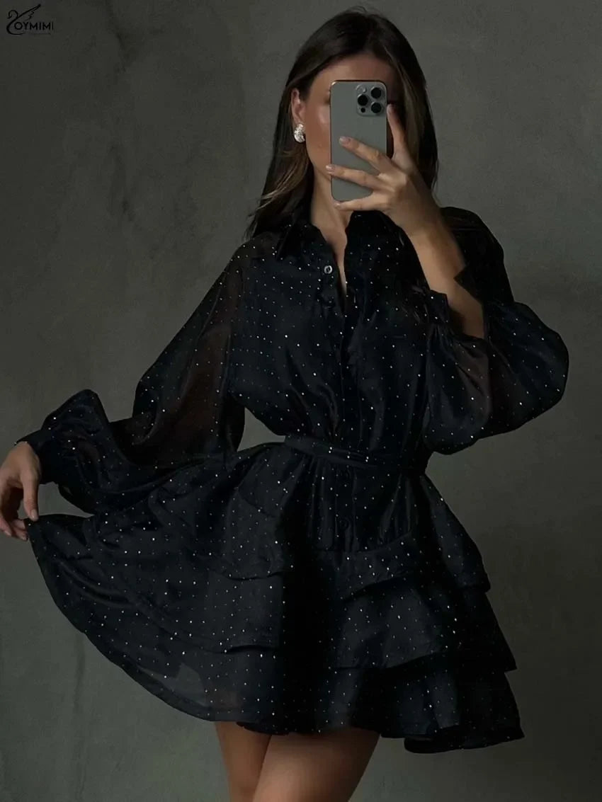 Fashion Black Rhinestone Women's Dress Casual Lapel Long Sleeve Button Dresses Elegant New Lace-Up Pleated Mini Dresses