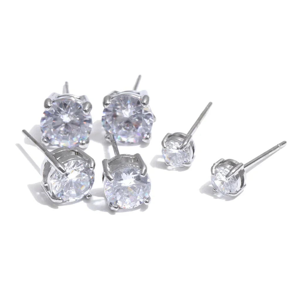 1Set High Quality Shiny Cubic Zirconia Round Stud Earrings Daily Stainless Steel Versatile Premium Jewelry Party Gift