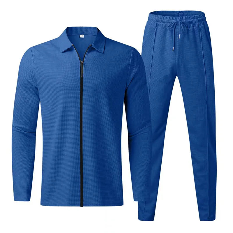 2024 men's new waffle long-sleeved lapel zipper cardigan casual sports suit