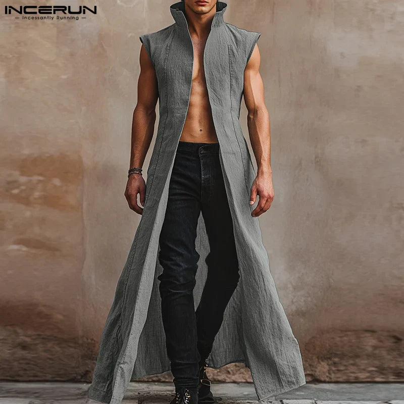 INCERUN Men Long Style Shirts Solid Stand Collar Sleeveless Casual Male Cardigan Streetwear 2025 Fashion Open Stitch Outerwear