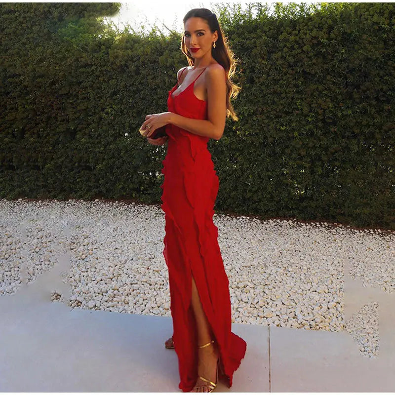 2024 Summer Fashion New Elegant Women's Sexy Chiffon Vacation Style Sling Dress with Ruffle Edge Style Long Dress
